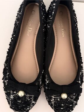 Dior Black & White Tweed Ballet Flats with Pearl Bow